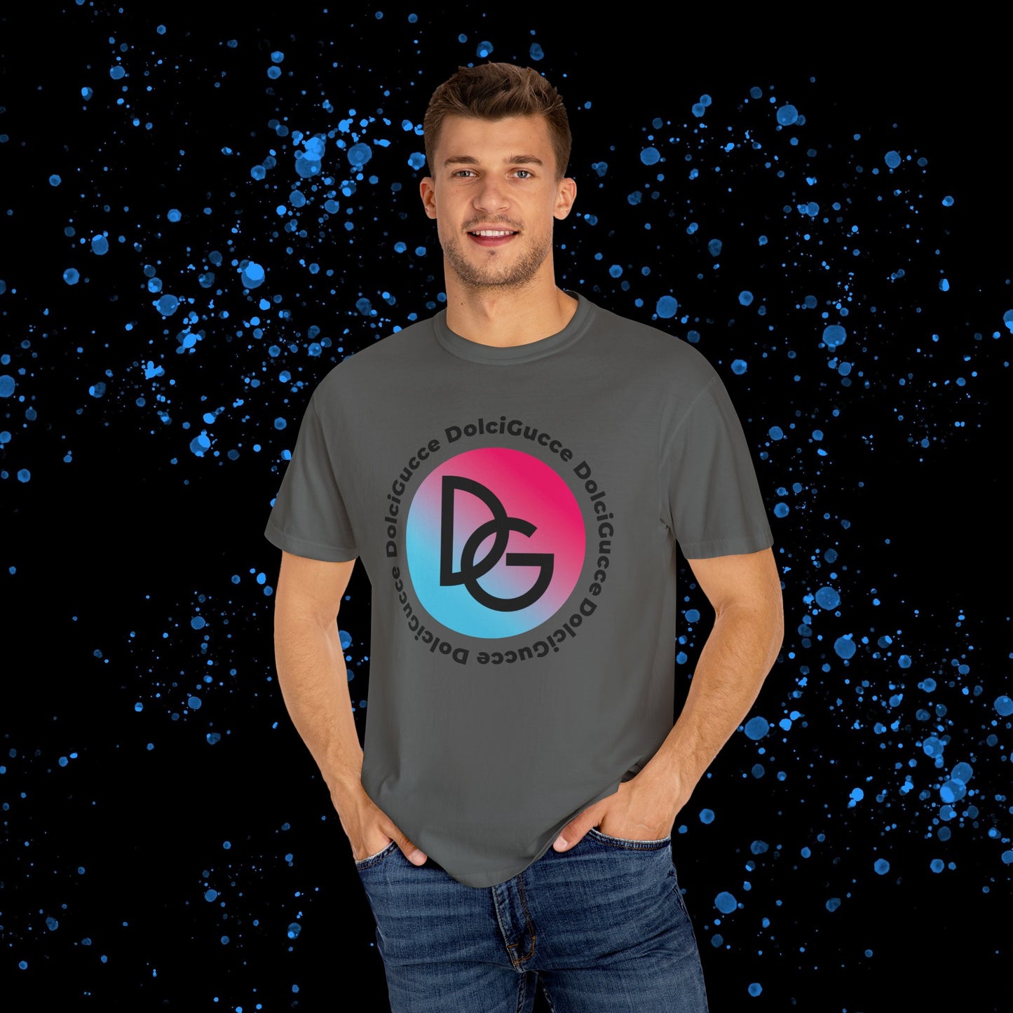 DG - T-shirt: Relaxed fit with DG logo in gradient blue and pink and DolciGucce writing around a circle