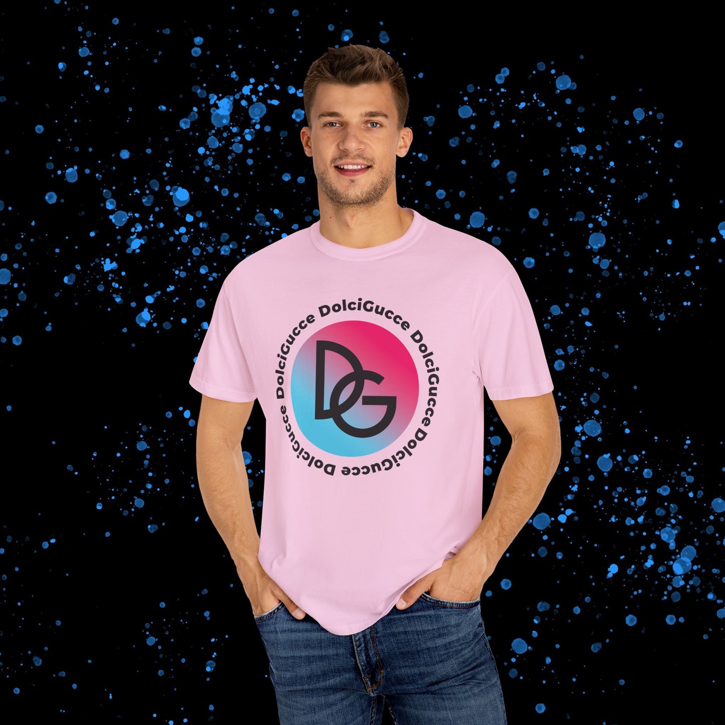 DG - T-shirt: Relaxed fit with DG logo in gradient blue and pink and DolciGucce writing around a circle