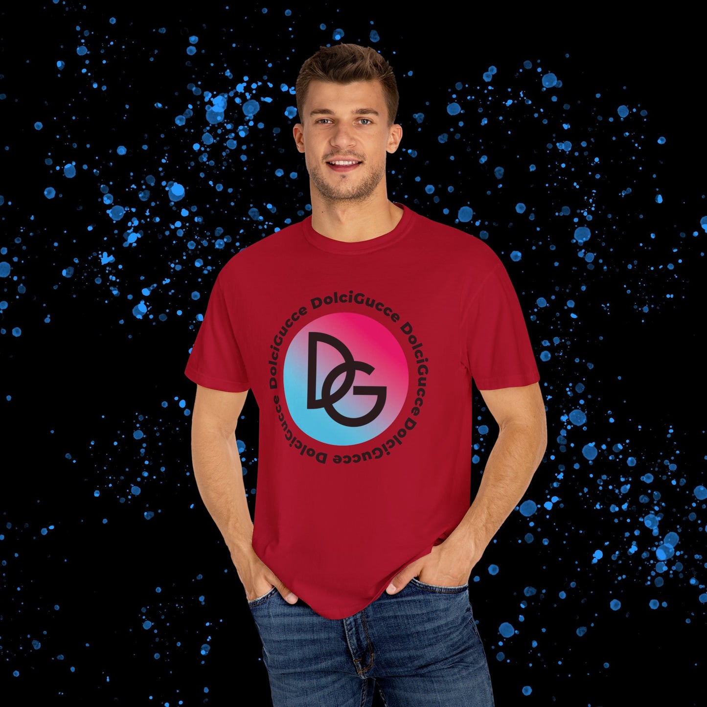 DG - T-shirt: Relaxed fit with DG logo in gradient blue and pink and DolciGucce writing around a circle