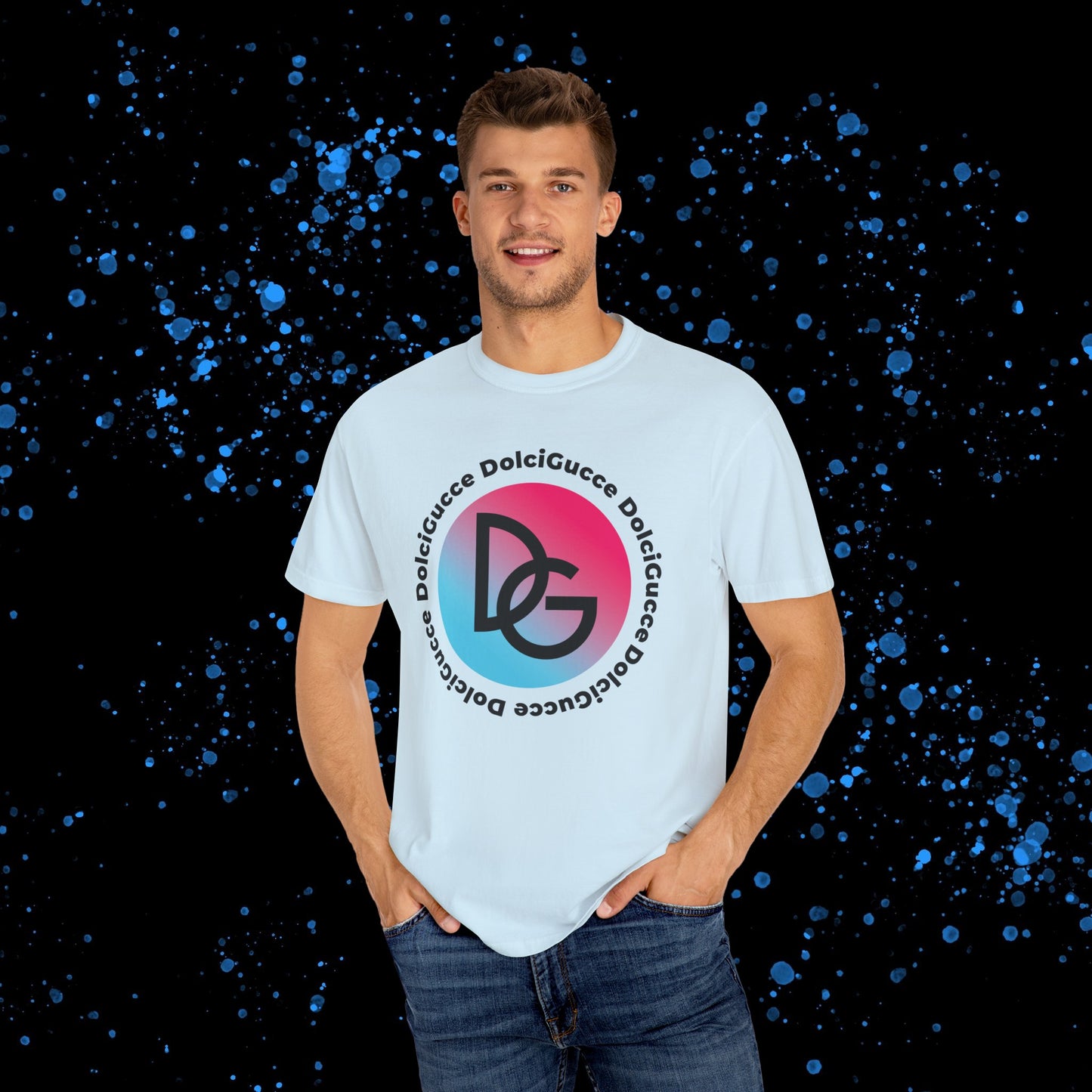 DG - T-shirt: Relaxed fit with DG logo in gradient blue and pink and DolciGucce writing around a circle