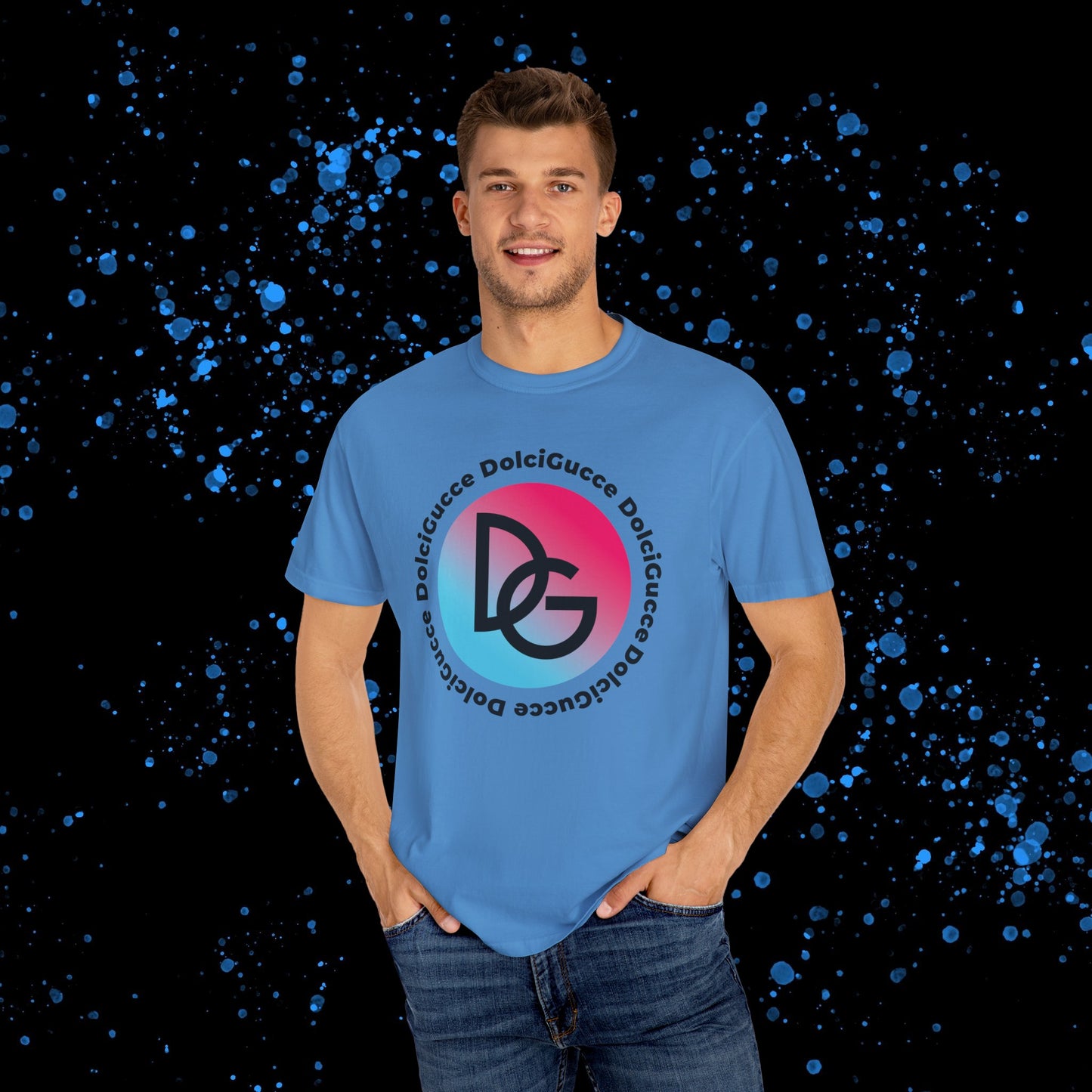 DG - T-shirt: Relaxed fit with DG logo in gradient blue and pink and DolciGucce writing around a circle